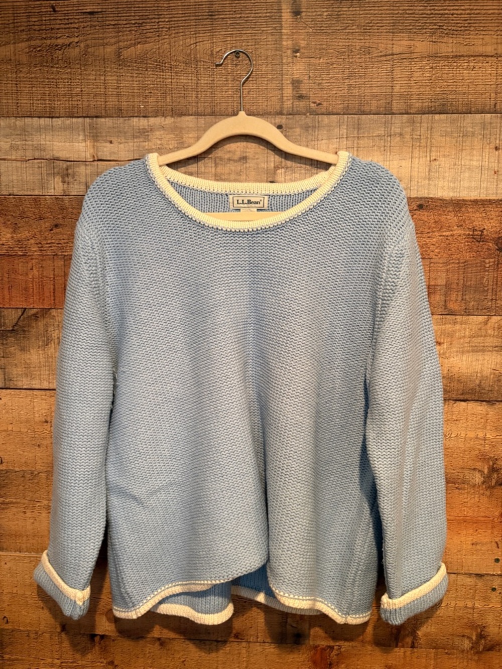L.L. Bean Light Blue Crewneck Sweater with Cream Trim
